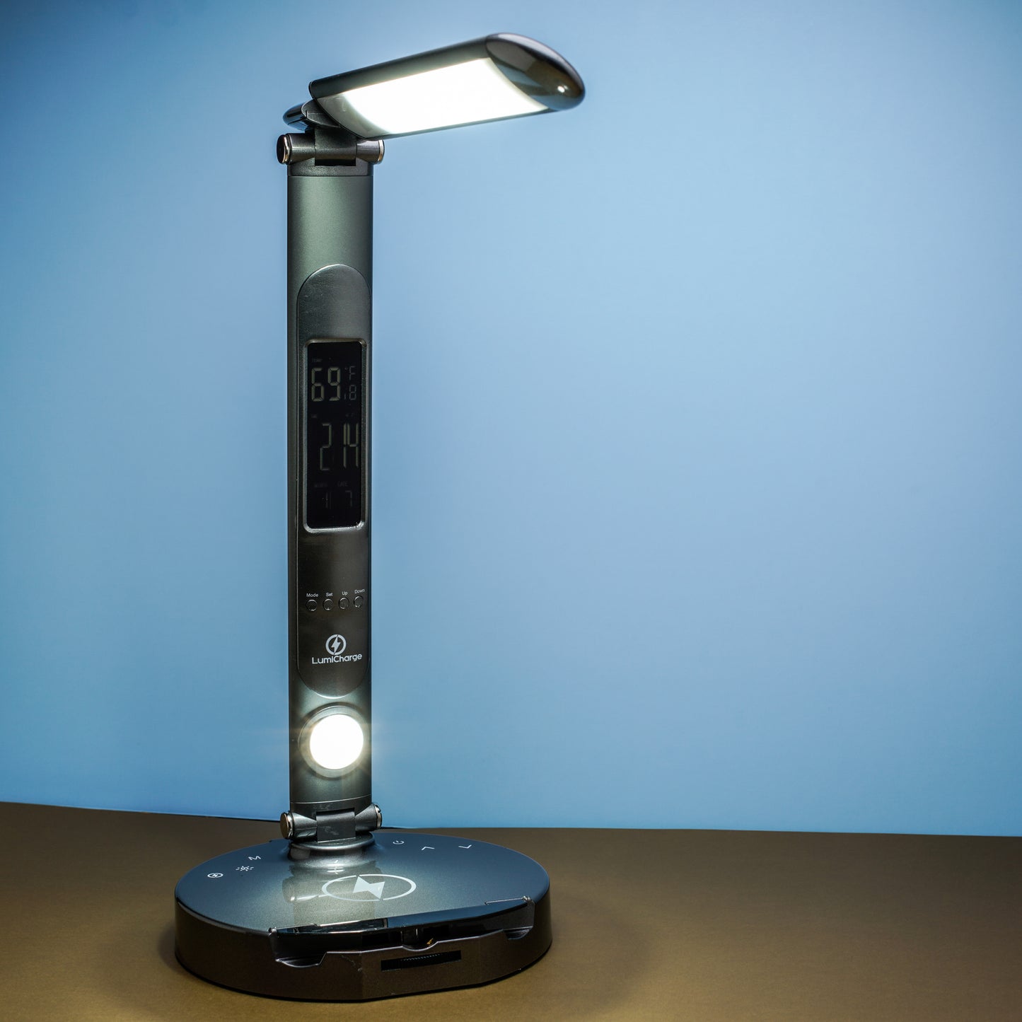 LED table lamp with wireless charging station and calendar display 